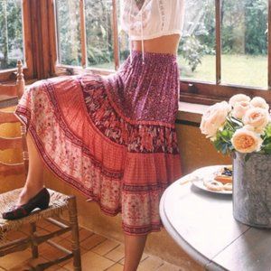 Ruby Red Boho Floral Print Midi Skirt